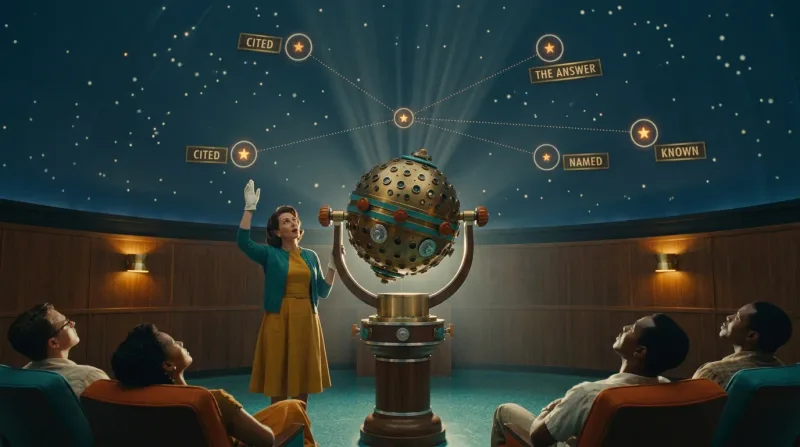 A retro-future 1960s planetarium dome where a mustard-dressed presenter beside a brass star projector points up at a glowing answer-constellation; dotted lines run from a central question-star out to a few bright ringed stars labelled Cited that stand out among many dim ones, while a small reclined audience gazes up in wonder.