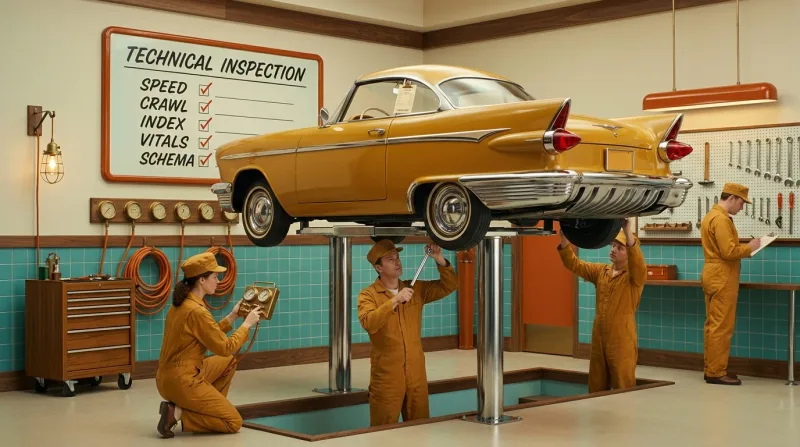 A retro-future 1960s atomic-age auto service garage where period-dressed mechanics in ochre coveralls inspect a finned chrome car raised on a chrome hydraulic lift over an inspection pit, while a large hand-lettered wall checklist titled Technical Inspection shows red checkmarks beside Speed, Crawl, Index, Vitals, and Schema.