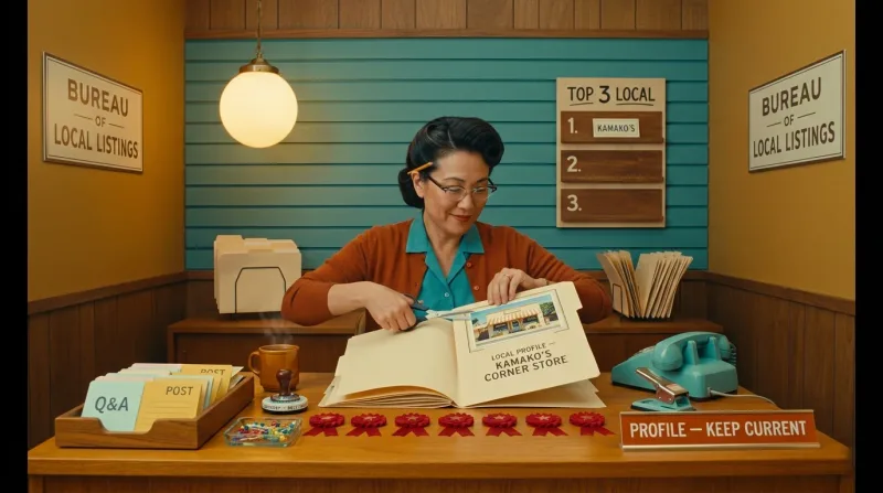 A warm-lit 1962 retro-future Bureau of Local Listings office where a friendly woman clerk grooms a single storefront's paper Local Profile dossier on a teak desk, clipping in a glossy shopfront photo, pinning red review star-ribbons, inking category chips with a stamp-wheel, and slotting pastel Q&A and mustard Post cards, while the storefront's name card slides into the No. 1 spot on a Top 3 Local standings rack.