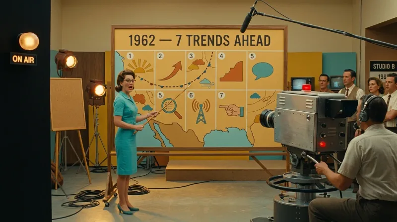 A 1962 atomic-age TV weather studio where a turquoise-dressed trends forecaster with a wooden pointer gestures at a big hand-painted forecast board titled 1962 - 7 Trends Ahead, its seven numbered cells laid out like a weather map with trend symbols joined by dotted forecast fronts, while a chunky studio camera on a dolly, a boom mic, and a glowing amber ON AIR bulb fill a warm golden broadcast set.
